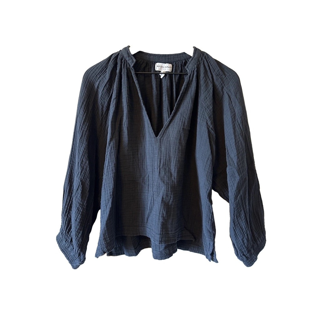 A Piece Apart Black Organic Cotton Gauze V-Neck Blouse Shirt Women Medium